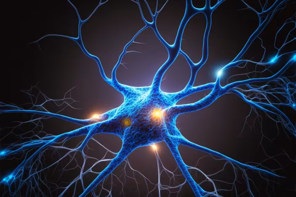 Digital illustration of a blue neuron with multiple branching dendrites and glowing signals traveling along its structure against a dark background.