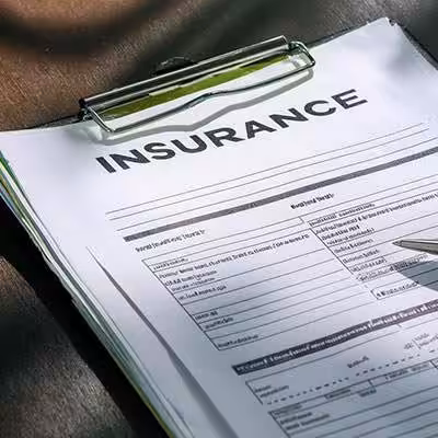 A clipboard holds a stack of insurance forms, with "INSURANCE" prominently printed at the top of the first page.