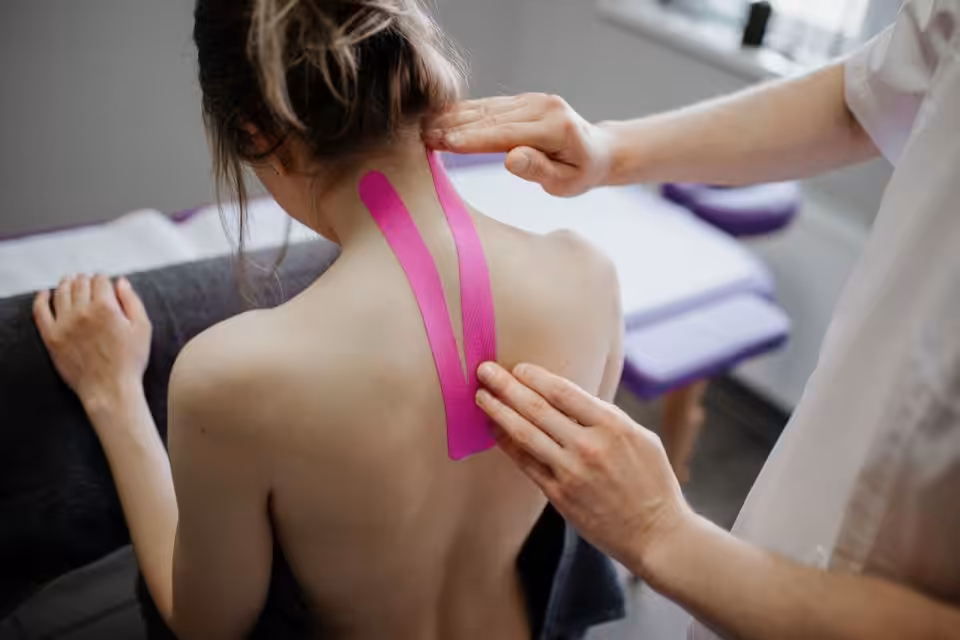 A person applies two strips of pink kinesiology tape to the upper back and neck of another person in a clinical setting.